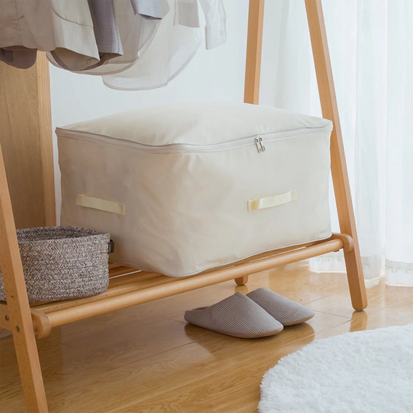 Storage Box,Large Canvas Comforter Storage Bags Closet Organizer for Clothes Sweater Clothes Organizer with Zipper Four Carrying Handles