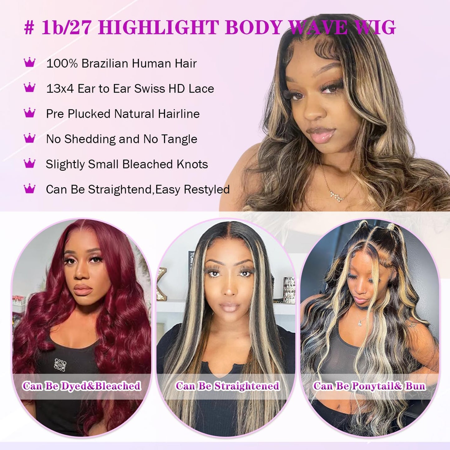 Ombre Lace Front Wig Human Hair Pre Plucked 1B/27 Highlight Lace Front Wig Human Hair with Baby Hair 180 Density 13X4 Body Wave Colored Lace Front Wigs Human Hair Glueless Wigs 20 Inch