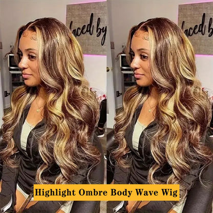 30 Inch Honey Blonde Ombre Lace Front Wig Human Hair Highlight Body Wave Lace Front Wigs Human Hair Pre Plucked 180 Density Glueless 13X4 HD Lace Frontal Wig for Women 4/27 Colored