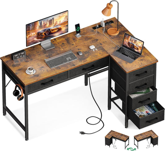 42 Inch L Shaped Desk with Drawers, Computer Desk with Power Outlets, Home Office Desk with 6 Drawers, Reversible Corner Desk for Small Space, Study Work Table with Hook, Vintage