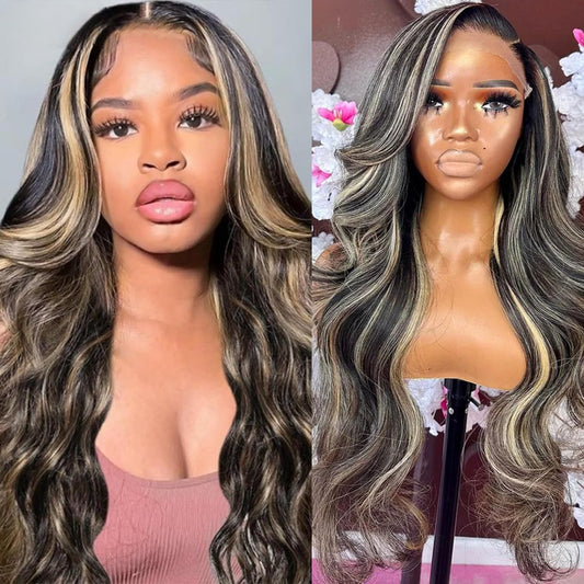 Ombre Lace Front Wig Human Hair Pre Plucked 1B/27 Highlight Lace Front Wig Human Hair with Baby Hair 180 Density 13X4 Body Wave Colored Lace Front Wigs Human Hair Glueless Wigs 20 Inch